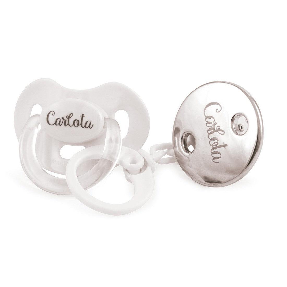 Chupete con Broche Premium Personalizados Blanco/Plata Boann - Nanetes #